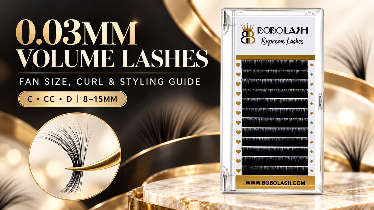 BOBOLASH 0.03mm volume lash extensions fan size and curl guide