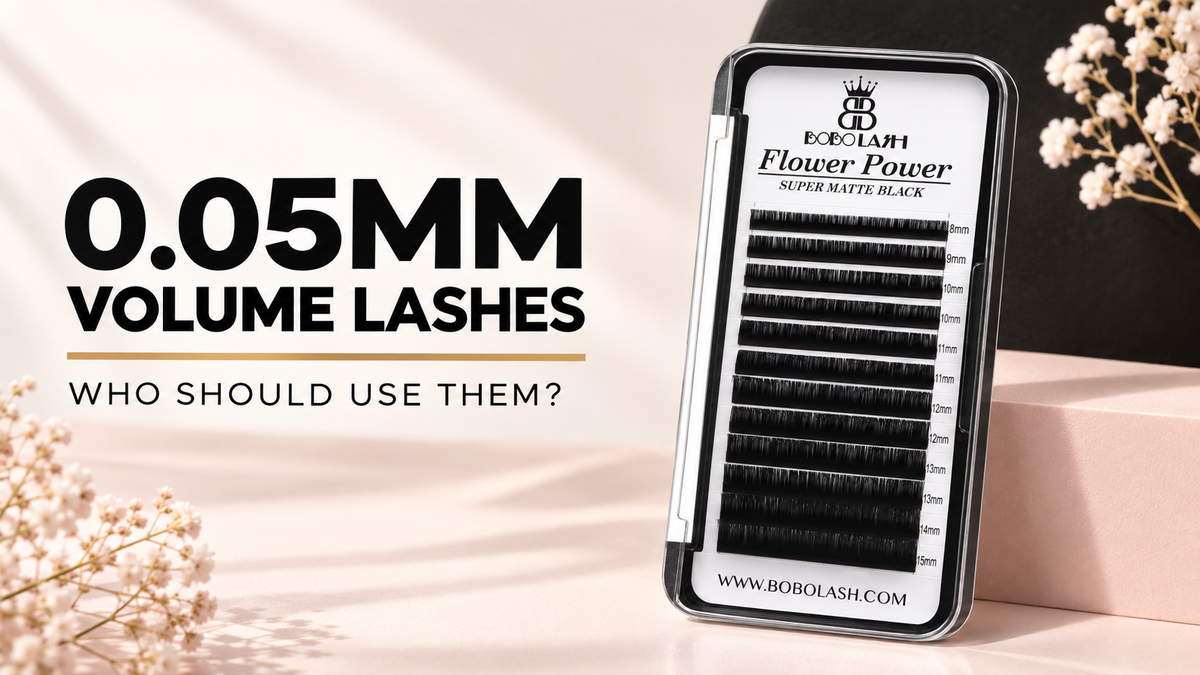 0.05mm volume lashes guide featuring BOBOLASH Flower Power Shimmy-Free true matte lash tray