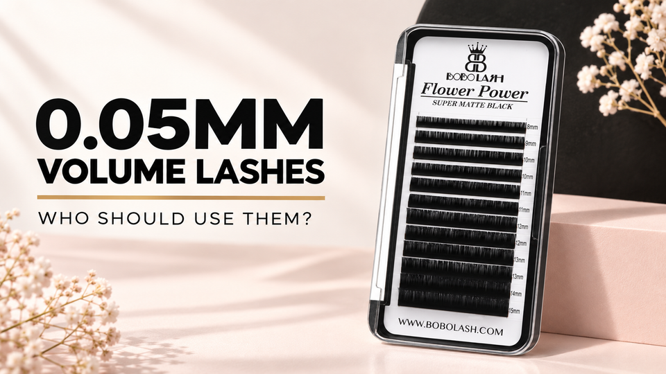 0.05mm volume lashes guide featuring BOBOLASH Flower Power Shimmy-Free true matte lash tray