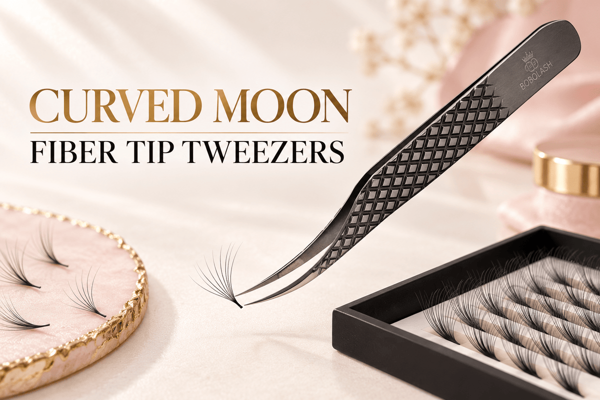 Curved Moon Fiber Tip Lash Tweezers: Professional Volume Fan Guide - BOBOLASH