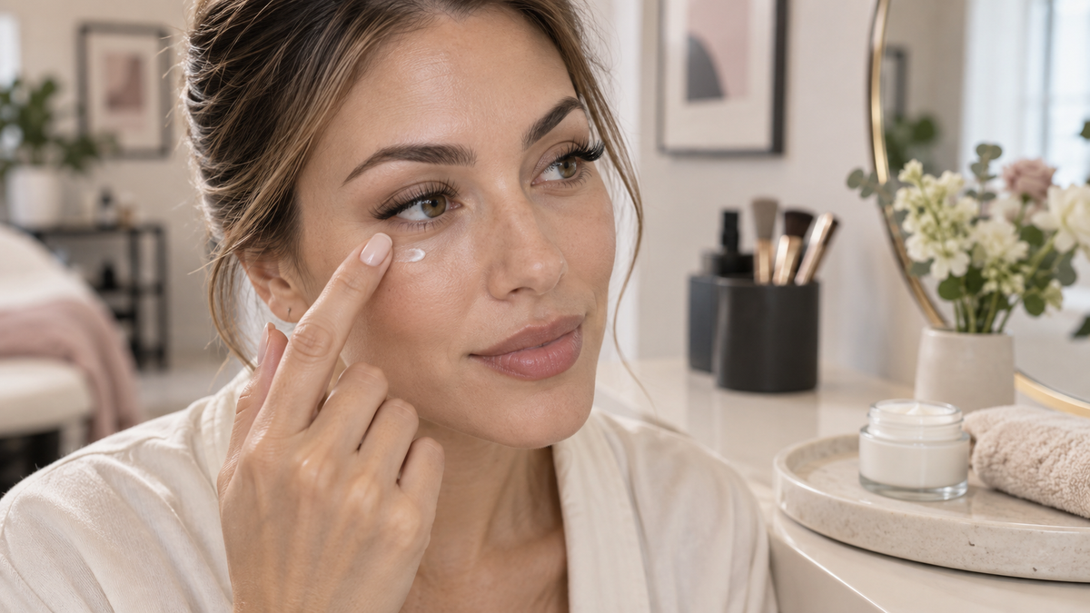Woman applying a small amount of eye cream below the eye while keeping product away from eyelash extensions