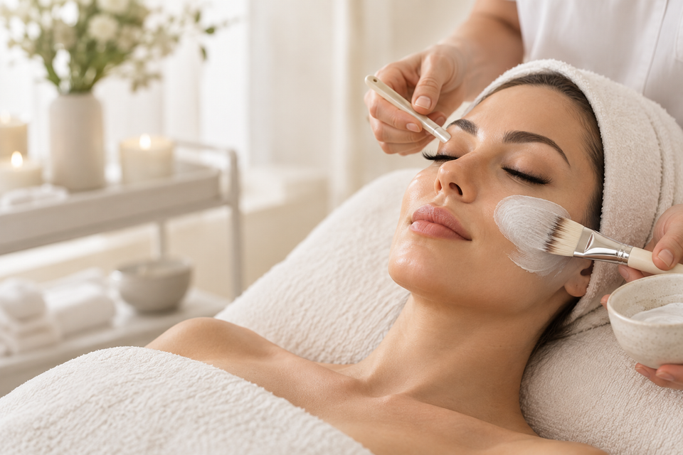 Client with lash extensions receiving a careful facial treatment