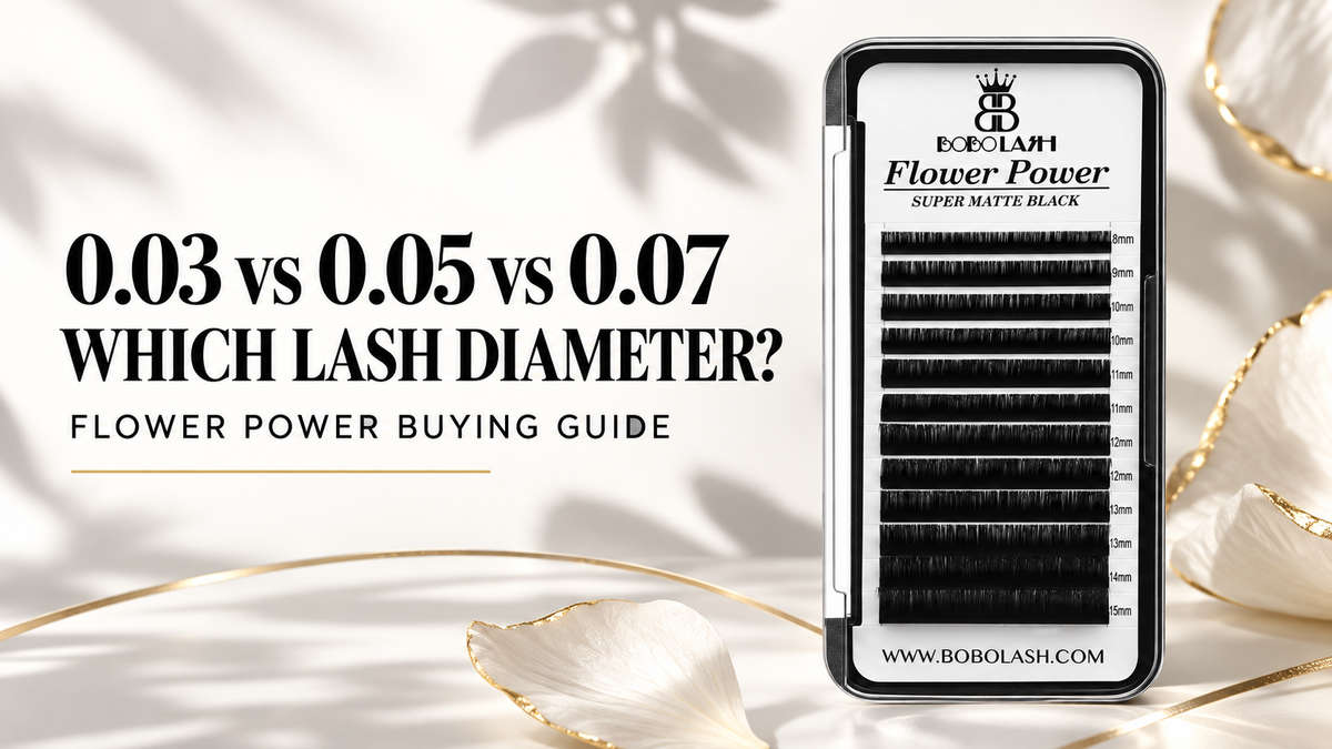 BOBOLASH Flower Power lash diameter guide comparing 0.03mm, 0.05mm and 0.07mm volume lashes