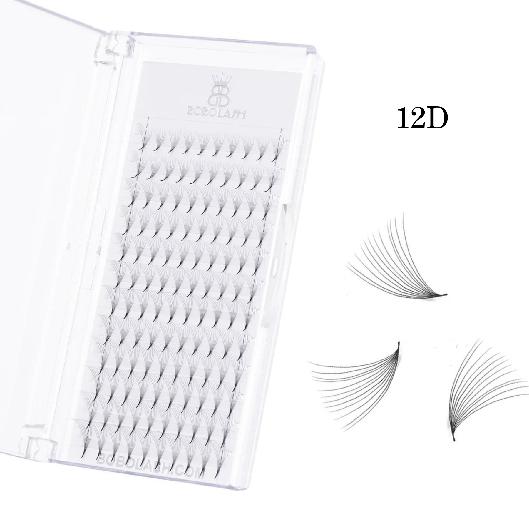 Heat-bonded 12D pointy-base premade volume lash fans by BOBOLASH