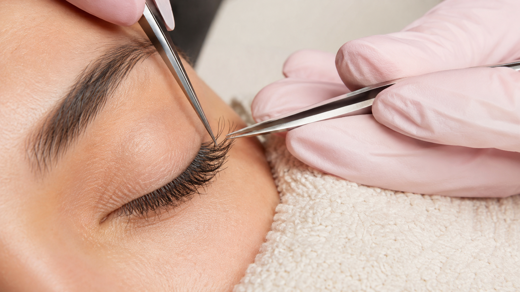 Lash artist assessing curl direction and extension placement on curly natural lashes