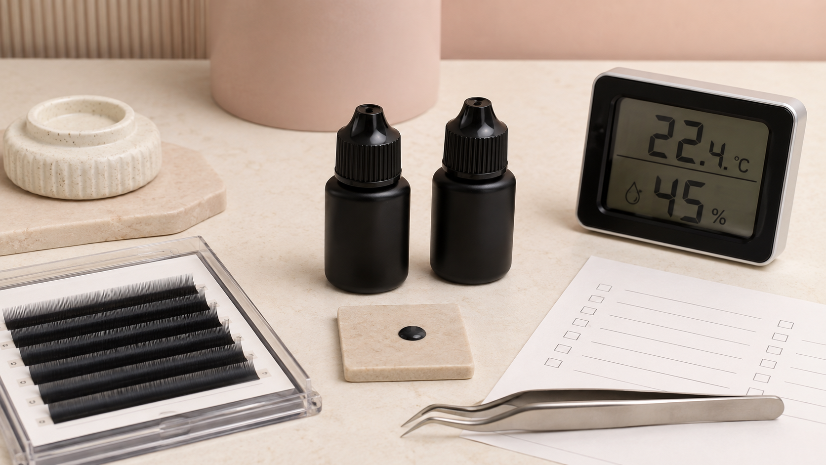 Professional lash adhesive trial setup with two bottles, hygrometer, glue drop, lash tray and scorecard