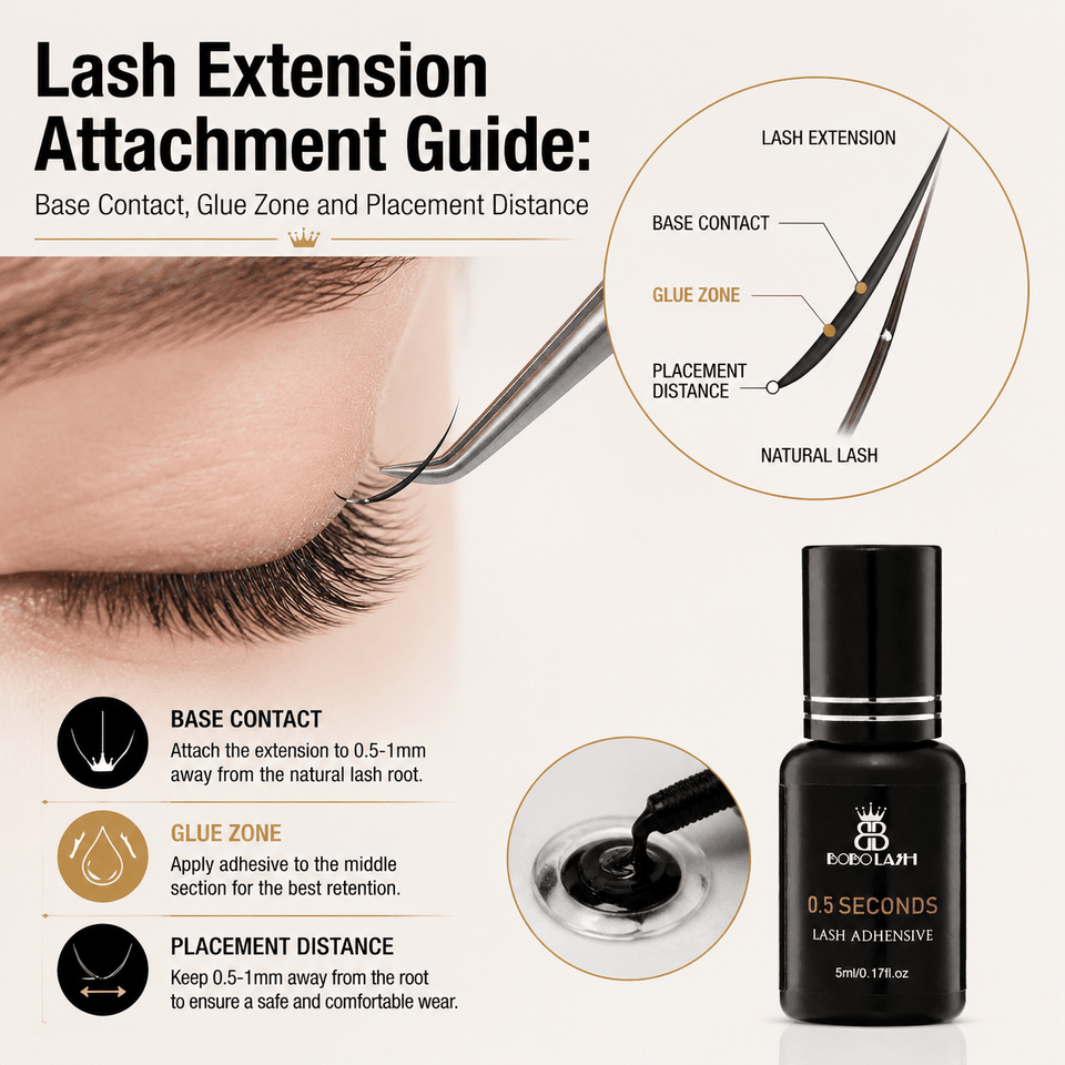 Lash Extension Attachment Guide: Base Contact, Glue Zone and Placement Distance - BOBOLASH