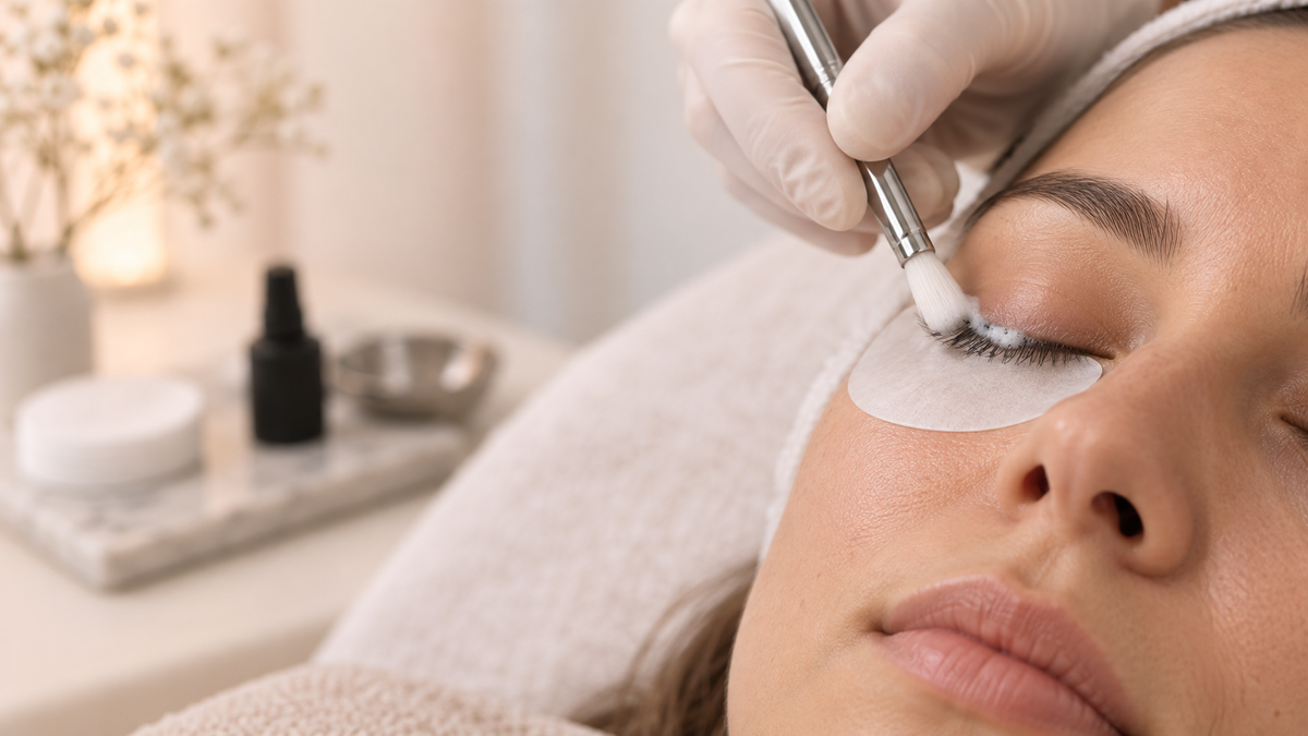 Professional lash artist preparing clean natural lashes for an oily-skin retention routine