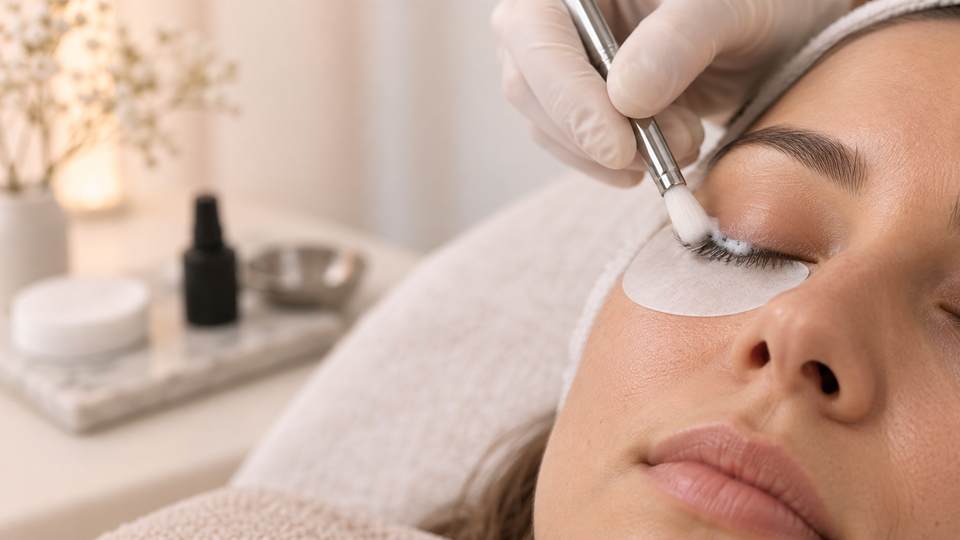 Professional lash artist preparing clean natural lashes for an oily-skin retention routine