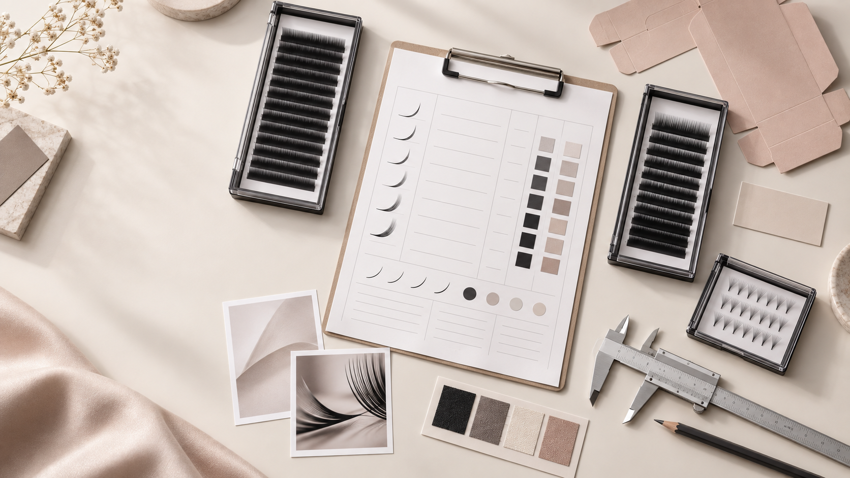 Private label lash specification sheet beside lash trays, packaging samples and approval tools