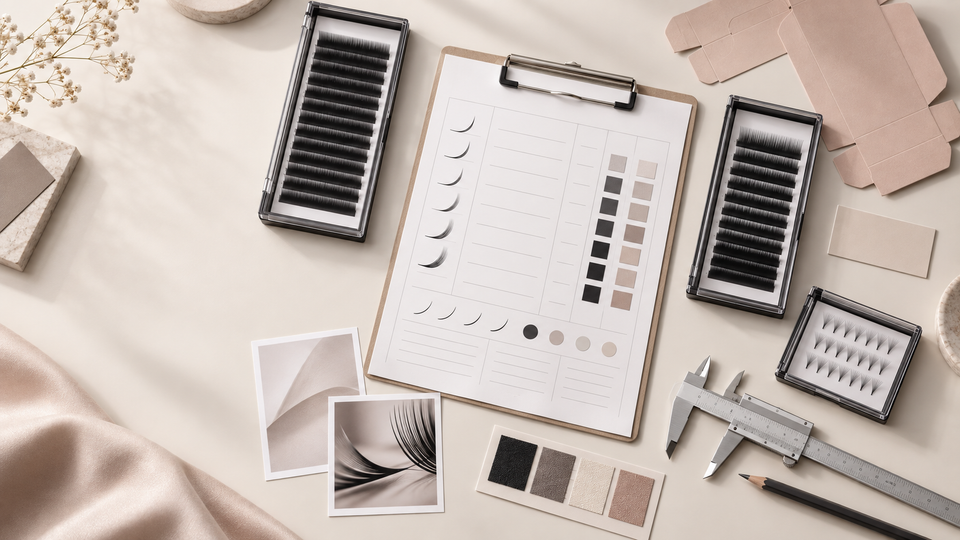 Private label lash specification sheet beside lash trays, packaging samples and approval tools