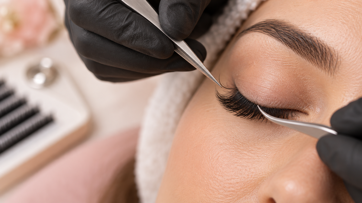 Lash artist using precision tweezers to assess an outgrown eyelash extension during a professional fill