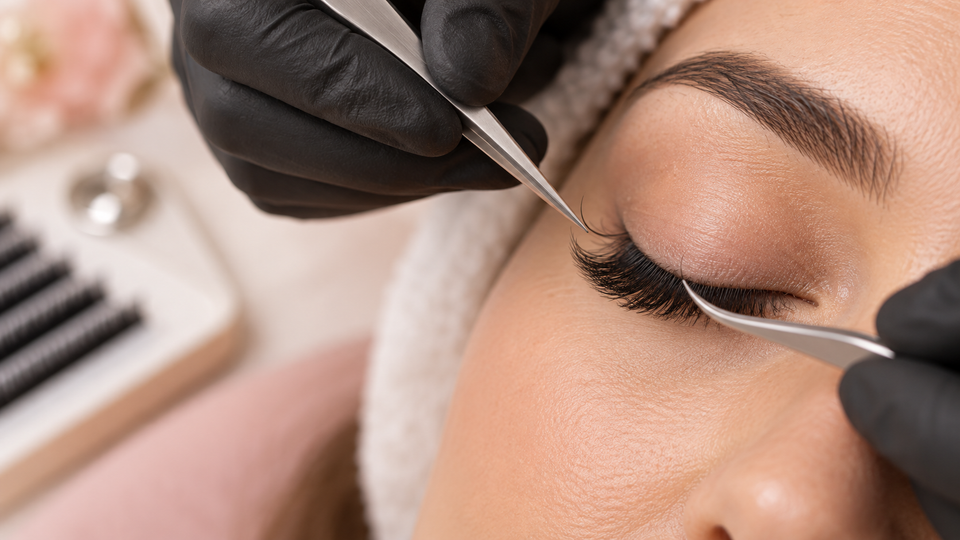 Lash artist using precision tweezers to assess an outgrown eyelash extension during a professional fill