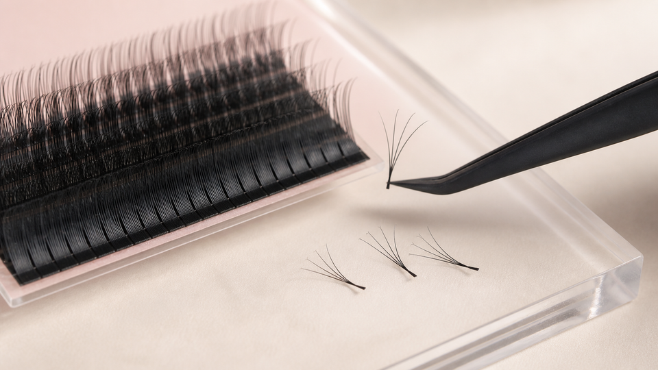 Shimmy-free volume lash fibers opening into a fan during professional tweezer pickup