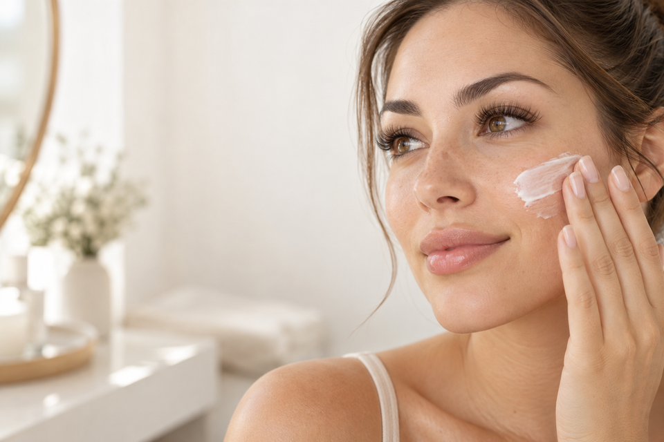Woman carefully applying sunscreen to her cheek while wearing lash extensions