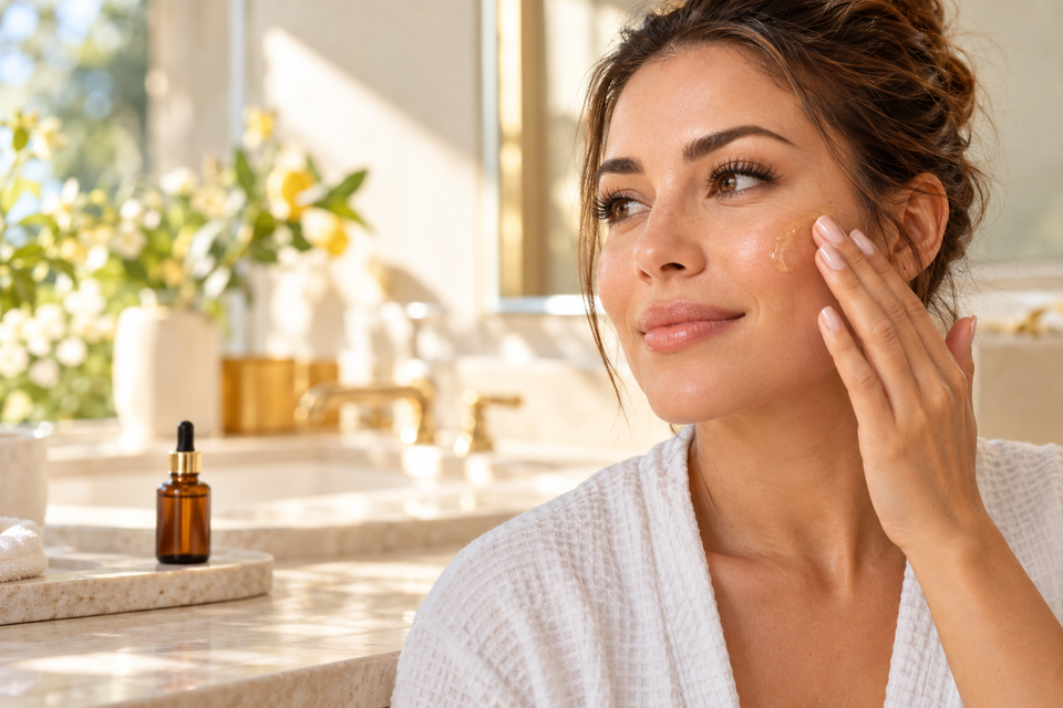 Woman applying vitamin C serum to her cheek away from lash extensions