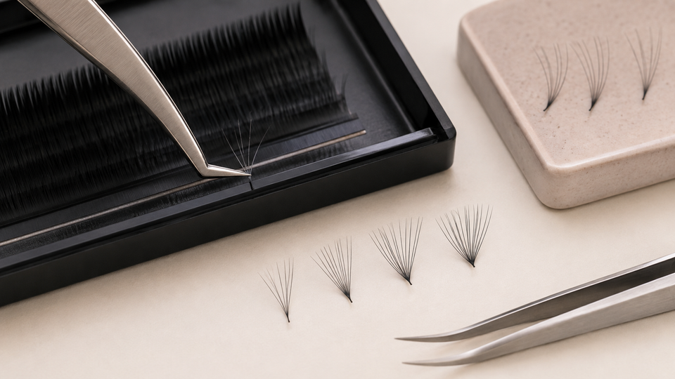 Volume lash fan practice with fine fibers, varied handmade fans and precision tweezers